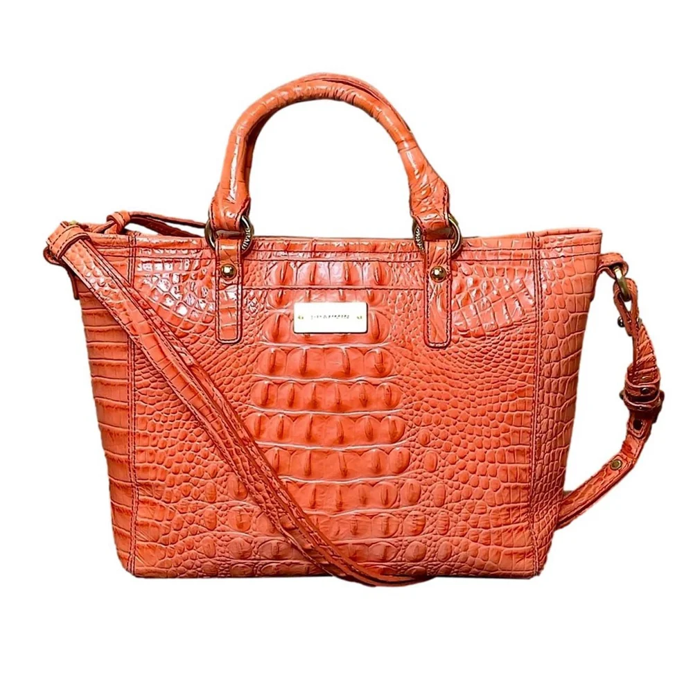 BRAHMIN Croc Embossed Leather Rolled Top Handle Tangerine Satchel Shoulder Bag